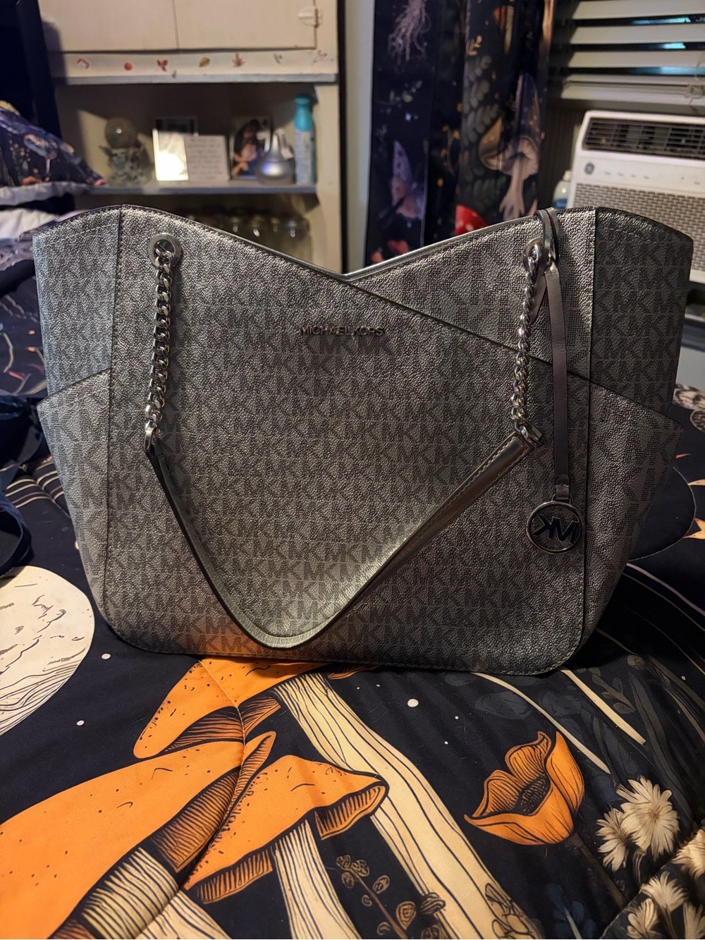 Michael Kors Silver Gray Signature Chain-Handle Tote